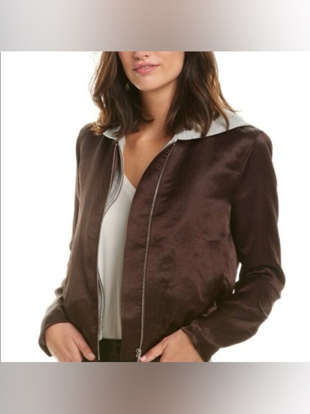 NEW ALC Bordeaux Brown Full Zip Bomber Jacket Detachable Grey Hoodie Dickey XS